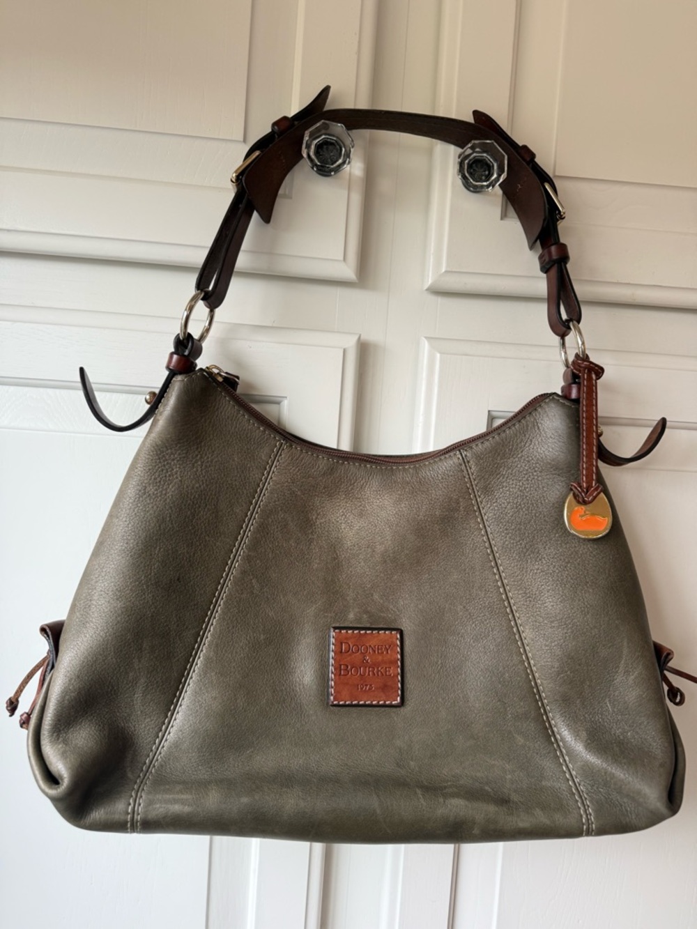Dooney & Bourke Olive Leather Shoulder Bag with Brown Trim